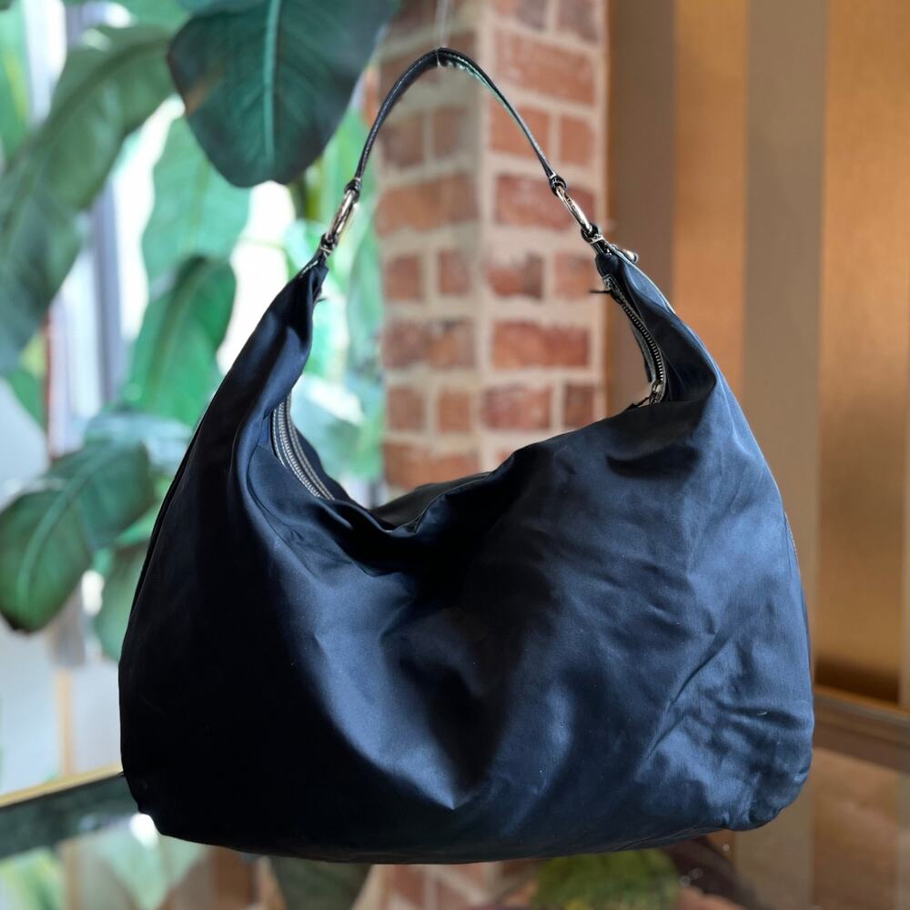 PRADA Navy Blue Nylon Embossed Leather Logo Hobo Bag - Picture 2 of 16